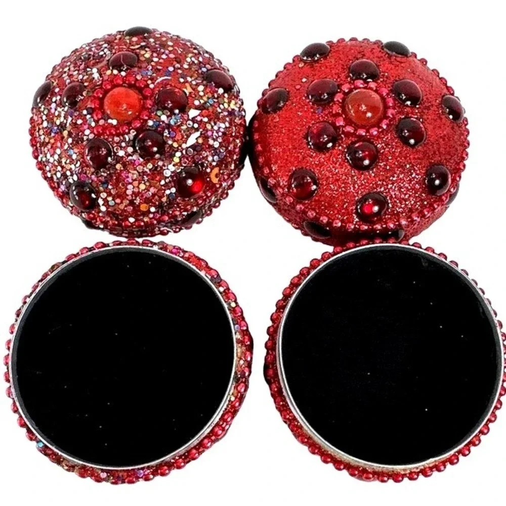 Two Sparkling Red Glitter Jewel Trinket Box Round Keepsake Jewelry‎ Holder Small